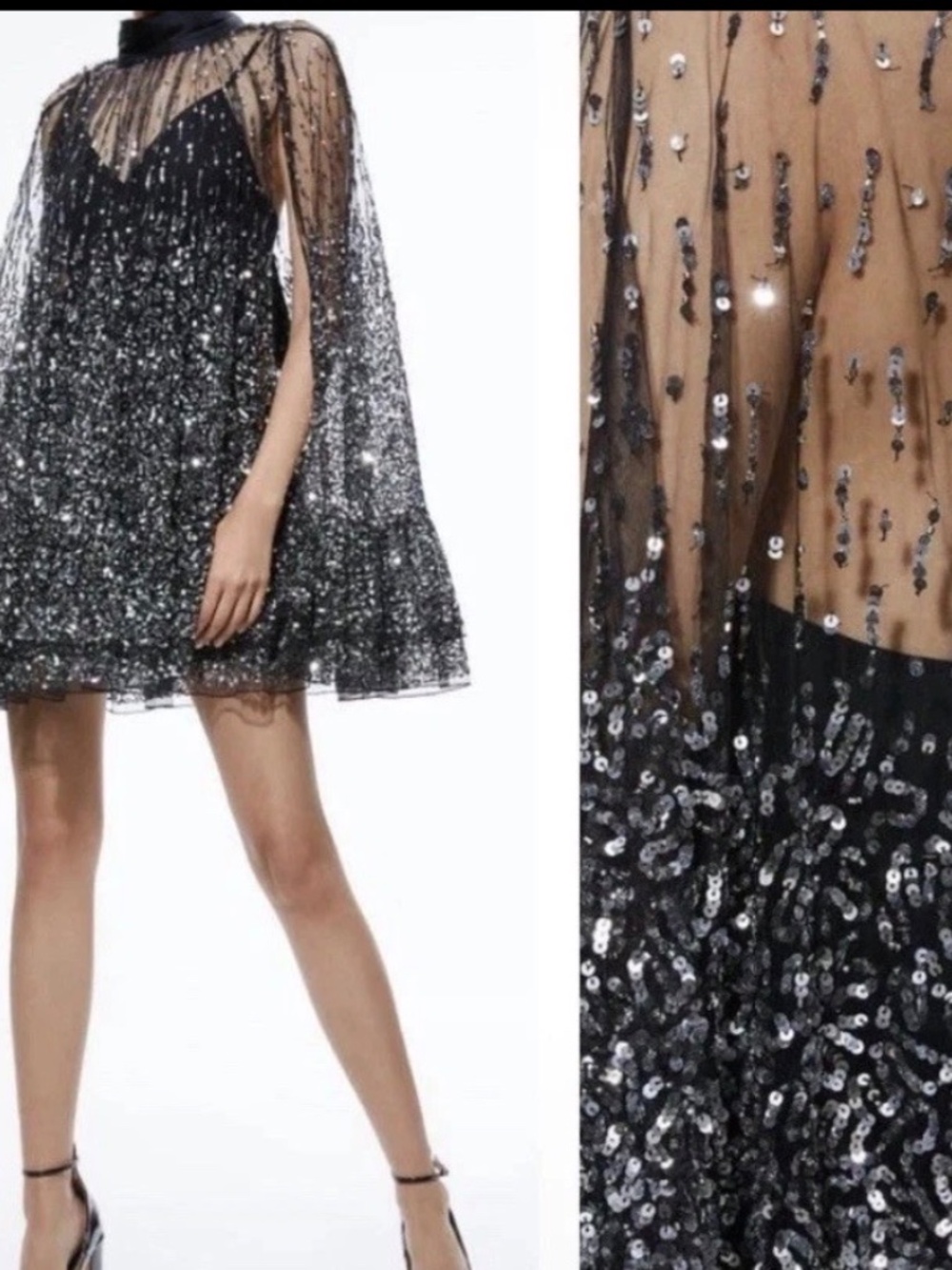 Alice + Olivia Zenon Embellished Black Cape Mini Dress Size US 6 $1,495 - Picture 2 of 14